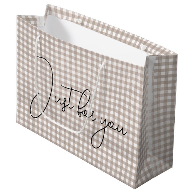 Beige Gingham Print Large Gift Bag (Front Angled)