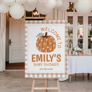 Beige Gingham Pumpkin 16x20 Welcome Sign