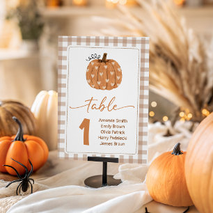 Beige Gingham Pumpkin Shower Table Numbers Pedestal Sign
