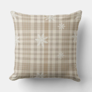 Beige Gingham Snowflake Throw Pillow –Cozy Neutral