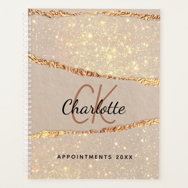 Beige gold agate glitter marble monogram 2026 planner (Front)