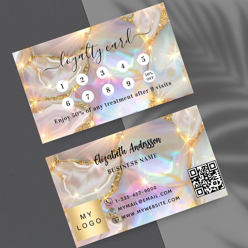 Beige gold agate holographic business logo QR code Loyalty Card