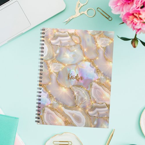 Beige gold agate holographic name notebook