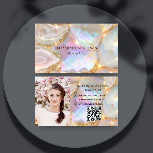 Beige gold agate holographic photo qr code business card