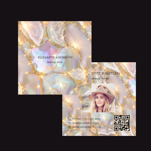 Beige gold agate holographic photo qr code square business card