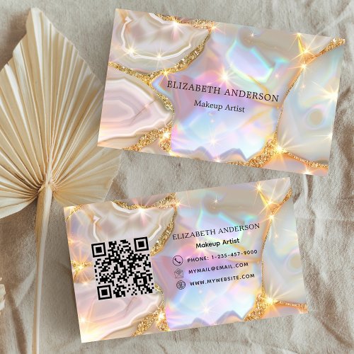 Beige gold agate holographic qr code business card