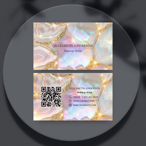 Beige gold agate holographic qr code business card