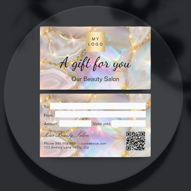 Beige gold agate logo qr gift certificate card (Creator Uploaded)