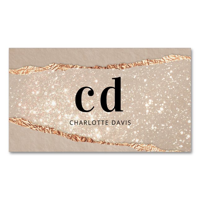 Beige gold agate marble monogram initials business card magnet (Front)