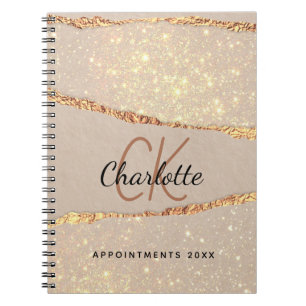 Beige gold agate marble monogram notebook