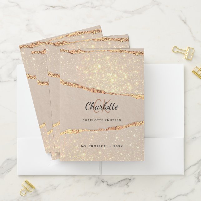 Beige gold agate marble monogram pocket folder (In Situ)