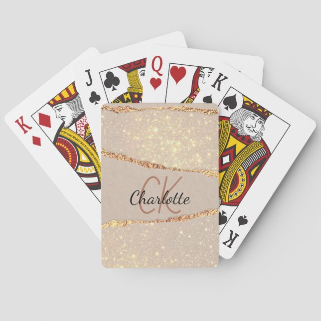 Beige gold agate marble monogram poker cards (Back)