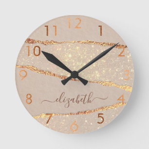 Beige gold agate name script round clock
