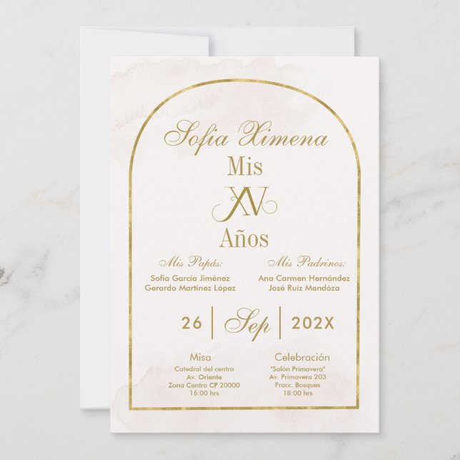 Beige Gold Arch Quinceañera Invitation (Front)