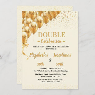 Beige Gold Balloons glitter Dual Birthday Soiree Invitation