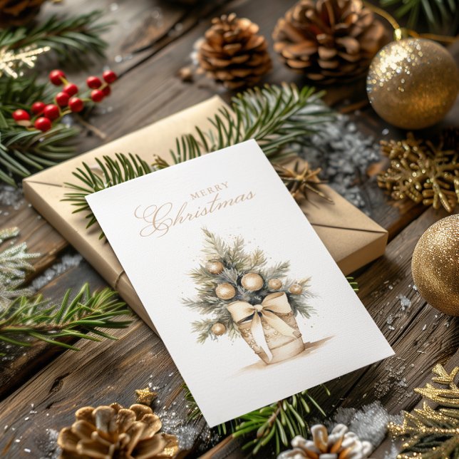 Beige Gold Christmas Tree Watercolor Custom Photo Holiday Card (Creator Uploaded)