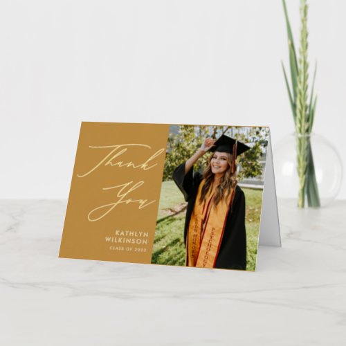 Beige Gold Elegant Script Graduation Thank You Foil Greeting Card