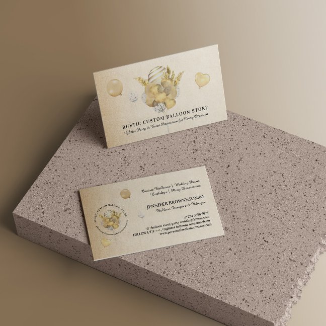 Beige Gold Festive Balloons Party Event Planner Business Card