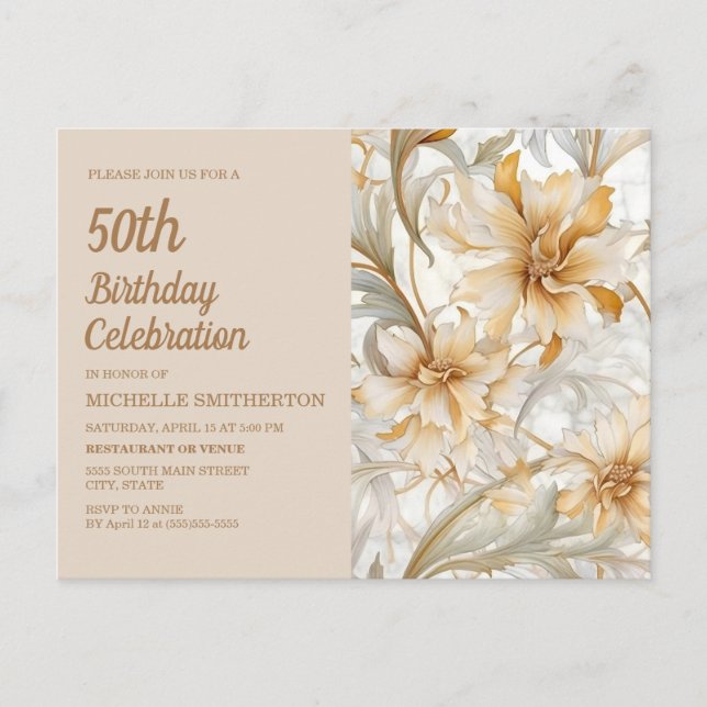 Beige Gold Floral Women's 50th Birthday Invitation Postcard (Front)
