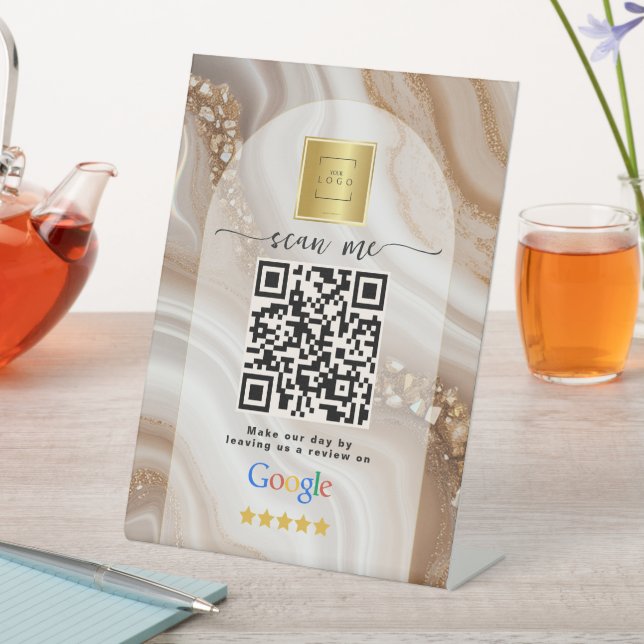 Beige Gold Google Reviews Business Link QR Code   Pedestal Sign (In SItu)