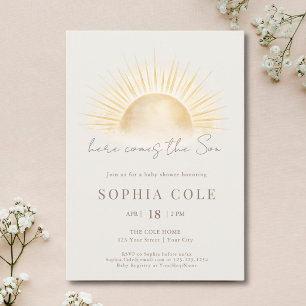 Beige Gold Here Comes The Son Boy Baby Shower Invitation