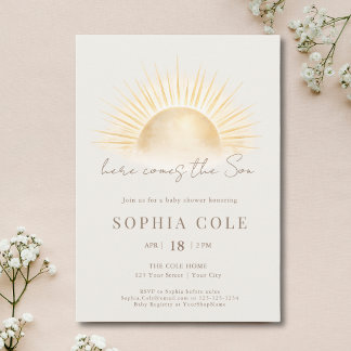 Beige Gold Here Comes The Son Boy Baby Shower Invitation