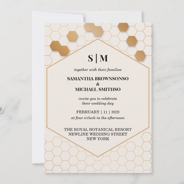 Beige Gold Honeycomb Wedding Invitation (Front)