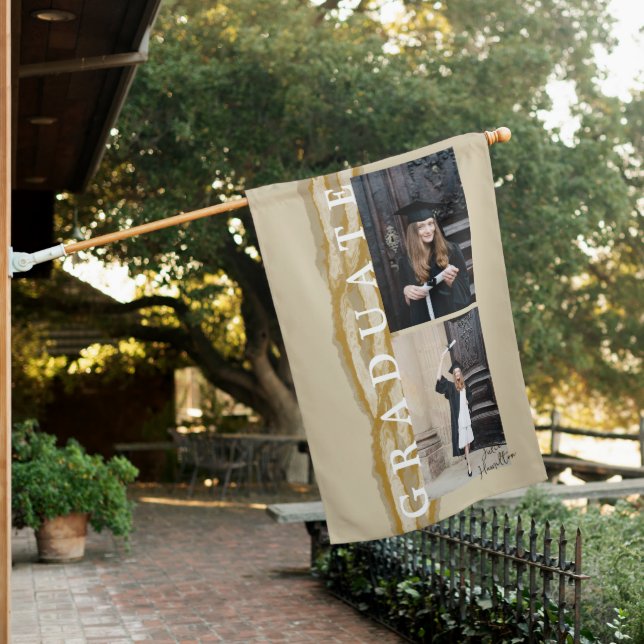 Beige Gold Marble Graduation House Flag (In SItu)