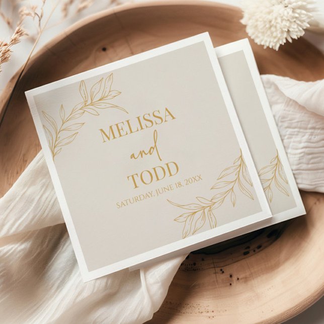 Beige Gold Minimal Minimalist Branch Leaf Wedding Napkins (Creator Uploaded)