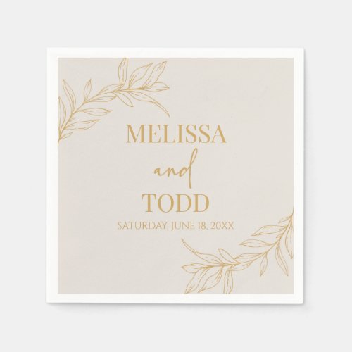 Beige Gold Minimal Minimalist Branch Leaf Wedding Napkins