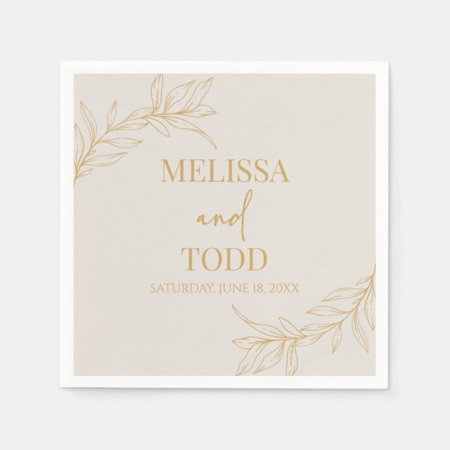 Beige Gold Minimal Minimalist Branch Leaf Wedding Napkins (Front)