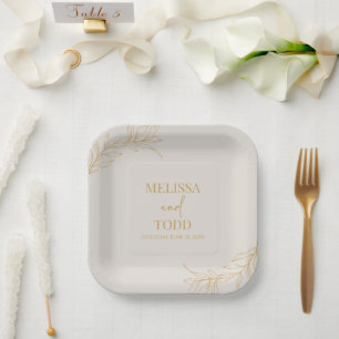 Beige Gold Minimal Minimalist Branch Leaf Wedding Paper Plates