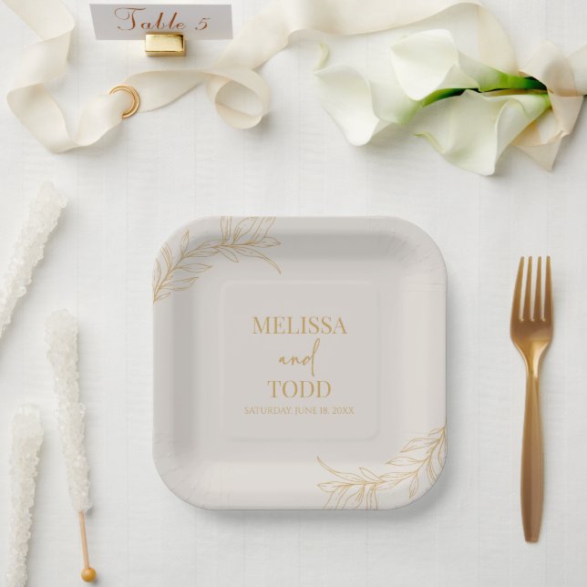 Beige Gold Minimal Minimalist Branch Leaf Wedding Paper Plates (Wedding)