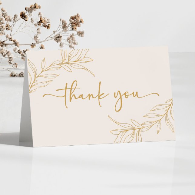 Beige Gold Minimal Minimalist Branch Leaf Wedding Thank You Card (Creator Uploaded)