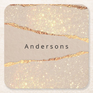 Beige gold name modern square paper coaster