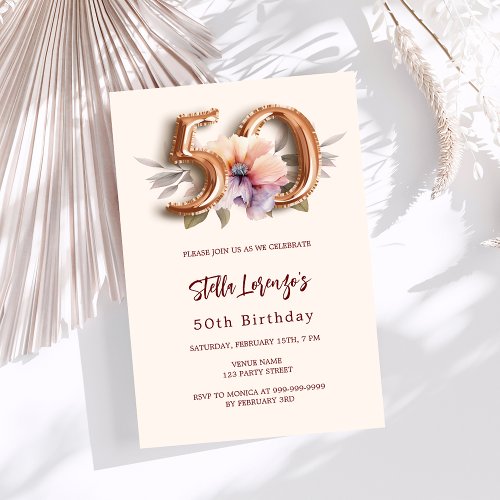 Beige gold peach floral 50th birthday luxury invitation