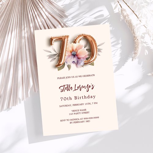 Beige gold peach floral 70th birthday invitation