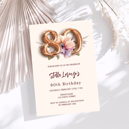 Beige gold peach floral 80th birthday luxury invitation