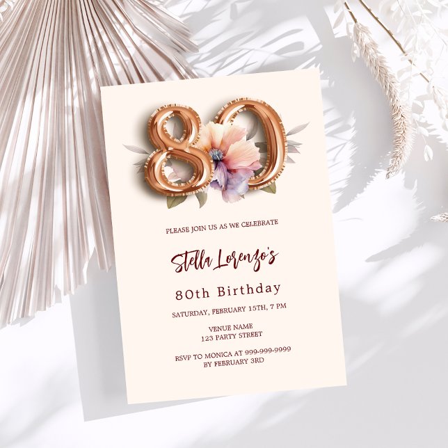 Beige gold peach floral 80th birthday luxury invitation (Creator Uploaded)