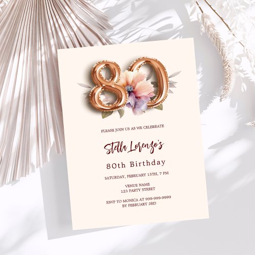 Beige gold peach floral budget 80th birthday