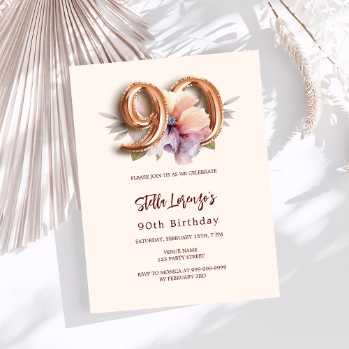 Beige gold peach floral budget 90th birthday