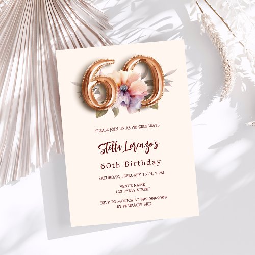 Beige gold peach floral luxury 60th birthday invitation
