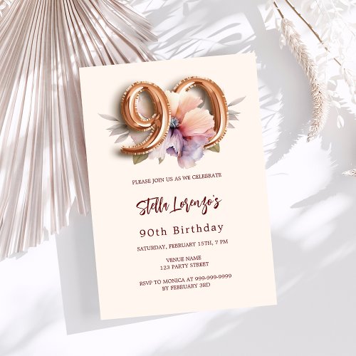 Beige gold peach floral luxury 90th birthday invitation