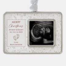 Beige, Gold & Red New Baby Ultrasound Photo
