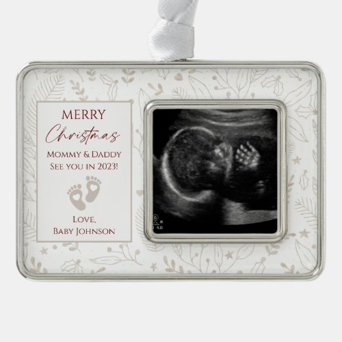 Beige Gold  Red New Baby Ultrasound Photo Christmas Ornament