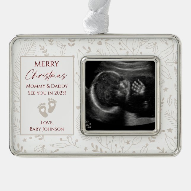 Beige, Gold & Red New Baby Ultrasound Photo Christmas Ornament (Front)