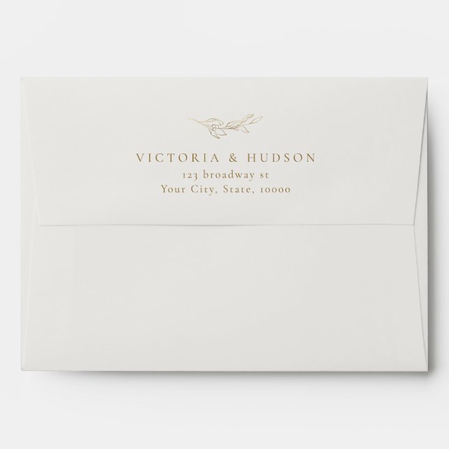 Beige gold simple botanical wedding return address envelope (Back (Top Flap))
