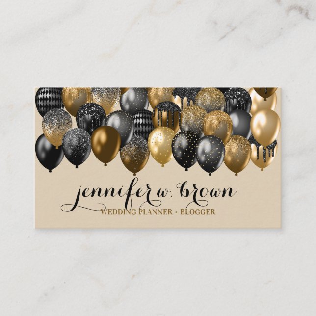 Beige & Gold Sprinkle Party Balloon Design Business Card (Front)