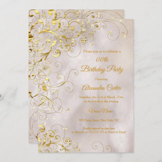 Beige Gold Swirl Glitter Birthday Party Invitation