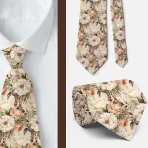 Beige Gold Tan Ivory White Watercolor Floral Neck Tie